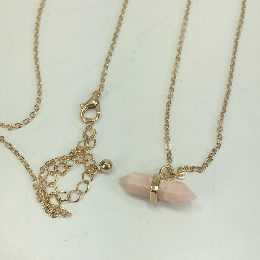 Pink quartz pendant necklace gold tone chain 30” - 33” New